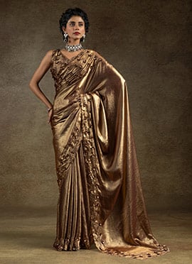 Dark Brown Satin Silk Hand Embroidered Sequins With Applique And Stone Work Saree