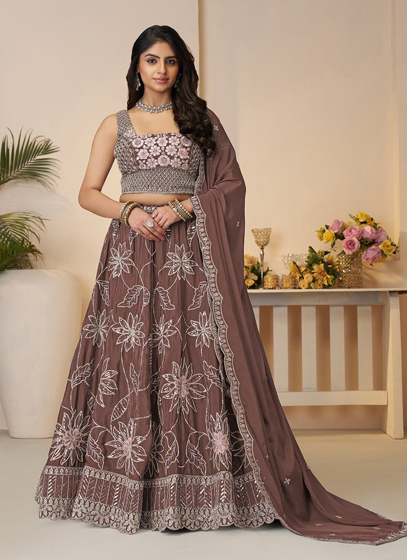 Dark Brown Satin Silk Zari Embroidered Sequins With Stone Work Lehenga Wedding Wear