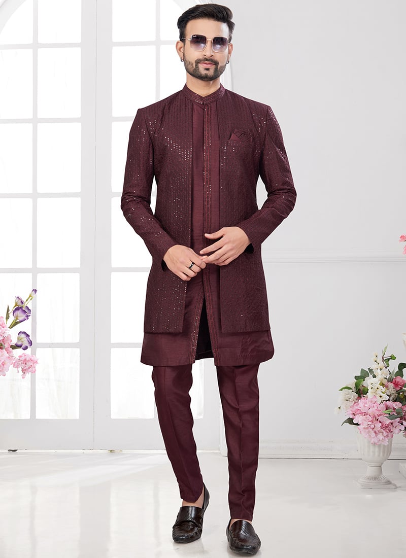 Dark Brown Silk Embroidered Sequins Indowestern Sherwani