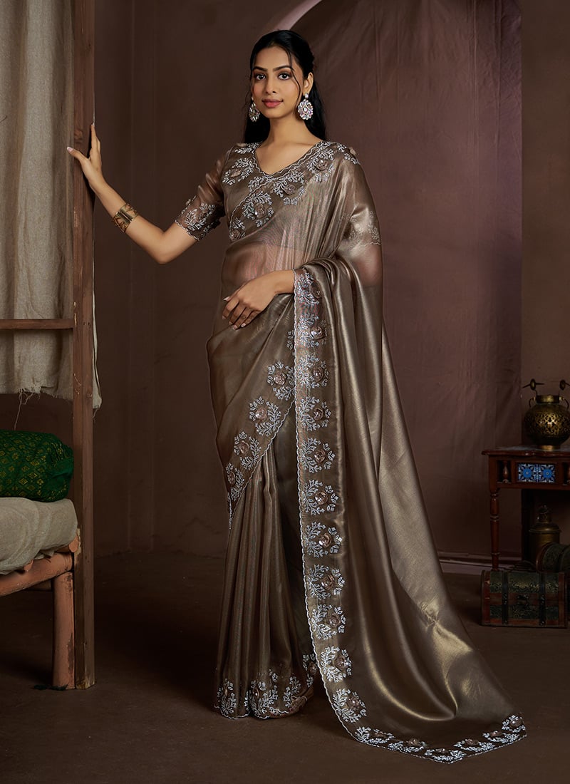 Dark Brown Silk Sequins Stone And Applique Work Saree Festive Wear