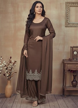 Dark Brown Silk Zari Sequins Palazzo Suit