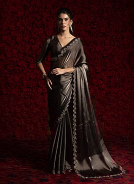 Dark Brown Tissue Chiffon Hand Embroidered Zari Saree Festive Wear