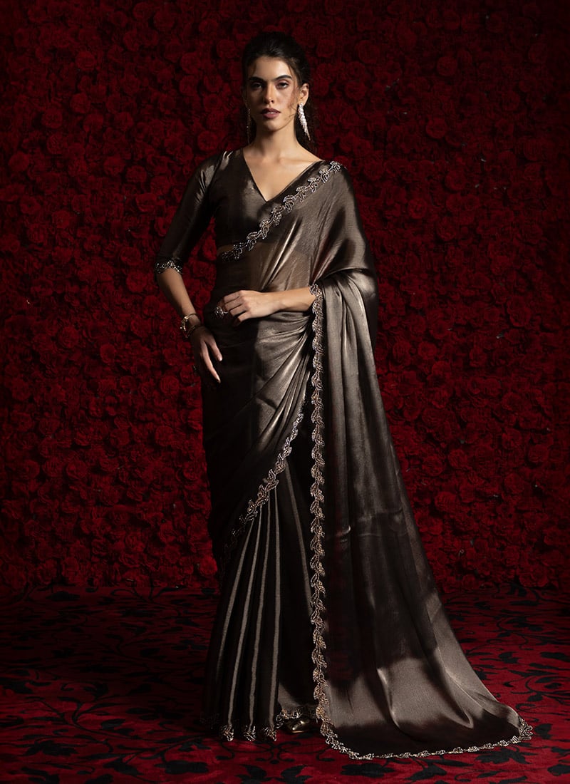 Dark Brown Tissue Chiffon Hand Embroidered Zari Saree Festive Wear