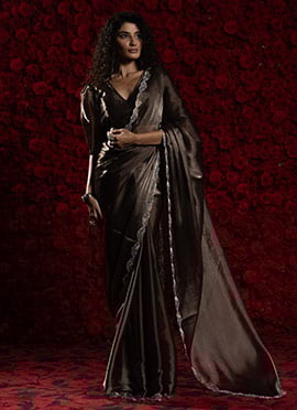 Dark Brown Tissue Chiffon Hand Embroidered Zari Saree Festive Wear