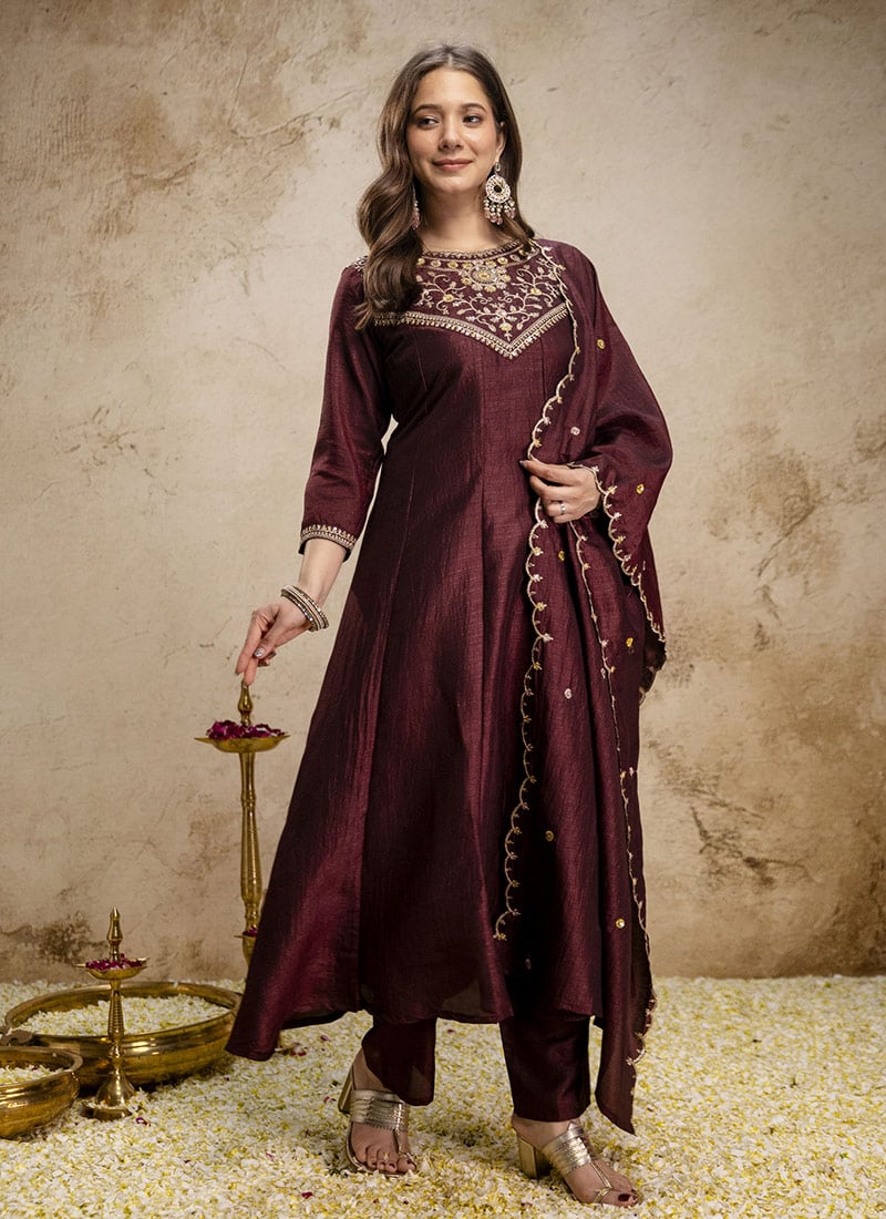 Dark Brown Vichitra Silk Embroidered Anarkali Suit Festive Wear