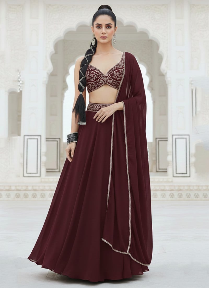 Dark Burgundy Georgette Zari Sequins A Line Lehenga Wedding Wear