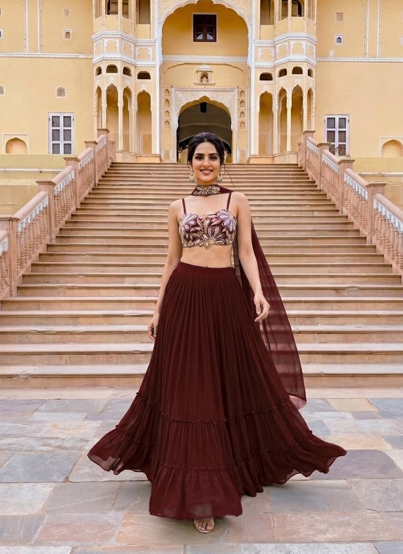 Dark Burgundy Wine Georgette Floral Embroidered Tiered Lehenga Festive Wear