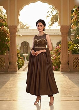 Dark Chocolate Brown Mul Chanderi Zari Sequins Illusion Neck Anarkali Suit
