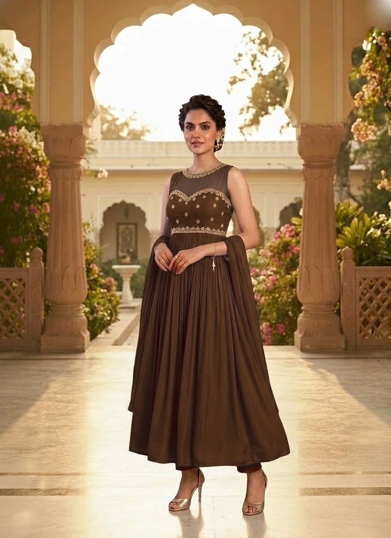 Dark Chocolate Brown Mul Chanderi Zari Sequins Illusion Neck Anarkali Suit Festive Wear