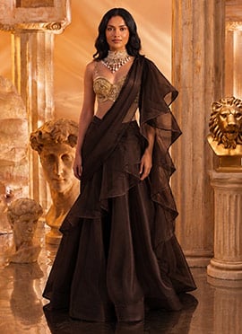 Dark Chocolate Brown Organza Hand Embroidered Sequins With Zardosi Work Lehenga