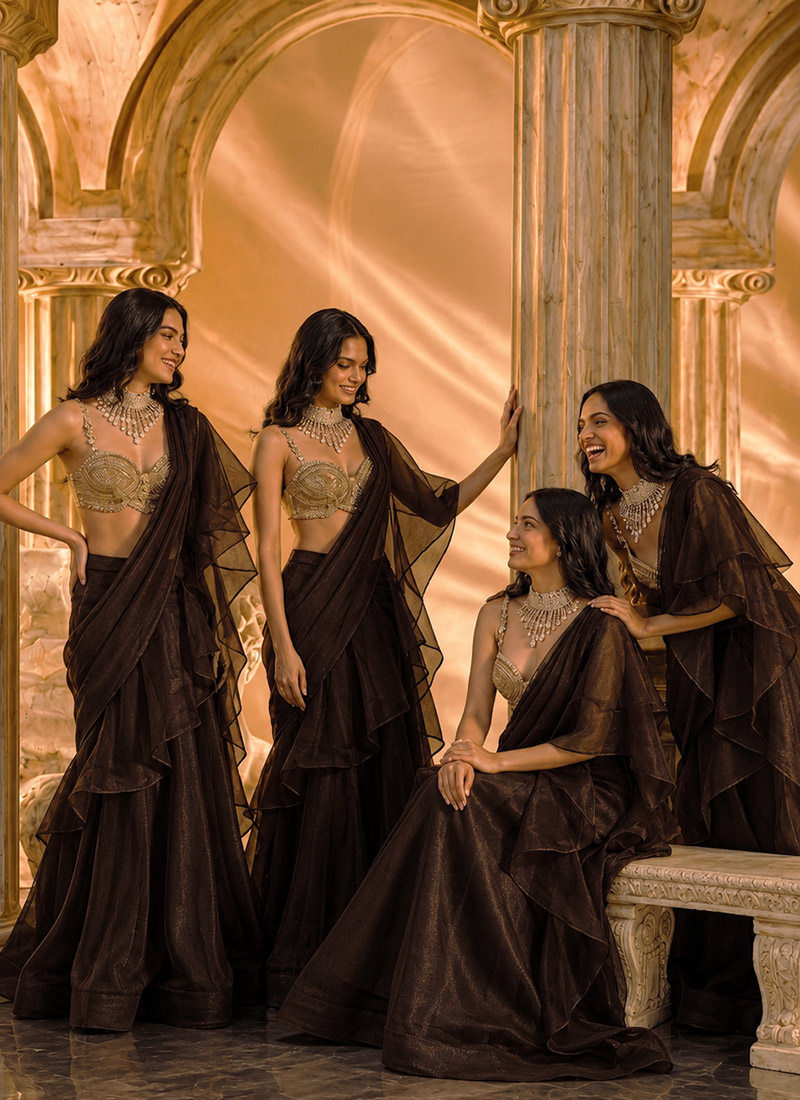Dark Chocolate Brown Organza Hand Embroidered Sequins With Zardosi Work Lehenga Wedding Wear