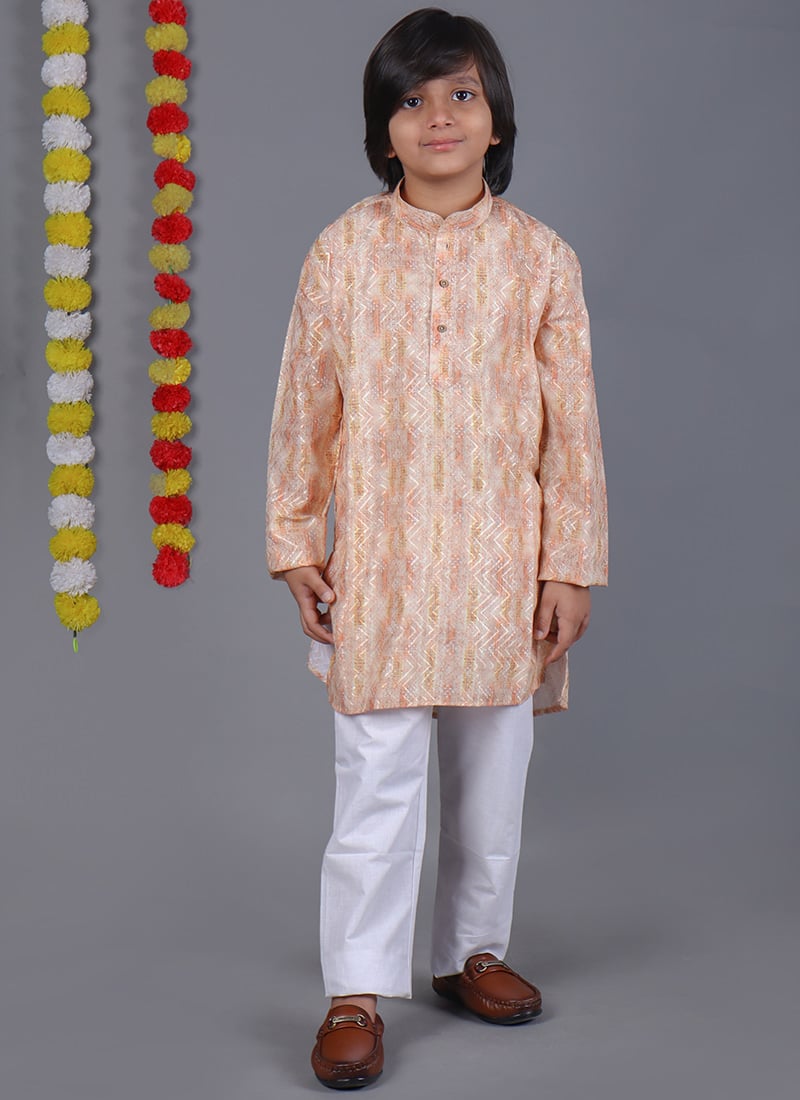 Dark Cream Cotton Printed Kids Boys Kurta Pyjama Festive Wear