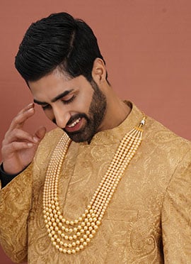 Dark Cream Gold Plated Pearl Layered Necklace For Men