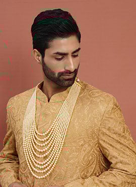 Dark Cream Gold Plated Pearl Layered Necklace For Men