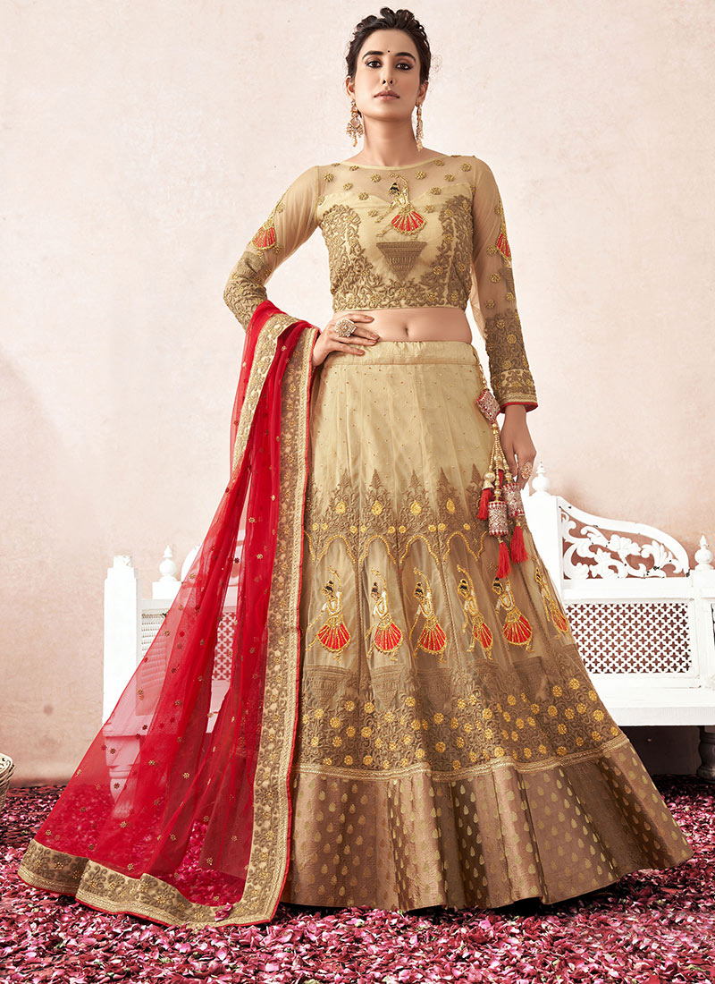 Dark Cream Net Stones Embroidered Zari Thread A Line Lehenga Wedding Wear