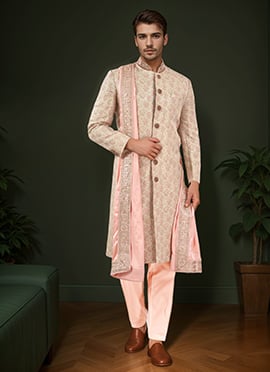 Dark Cream Silk Embroidered Classic Sherwani