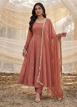 Dark Dusty Rose Pink Crepe Silk Embroidered Sequins Beads Anarkali Suit