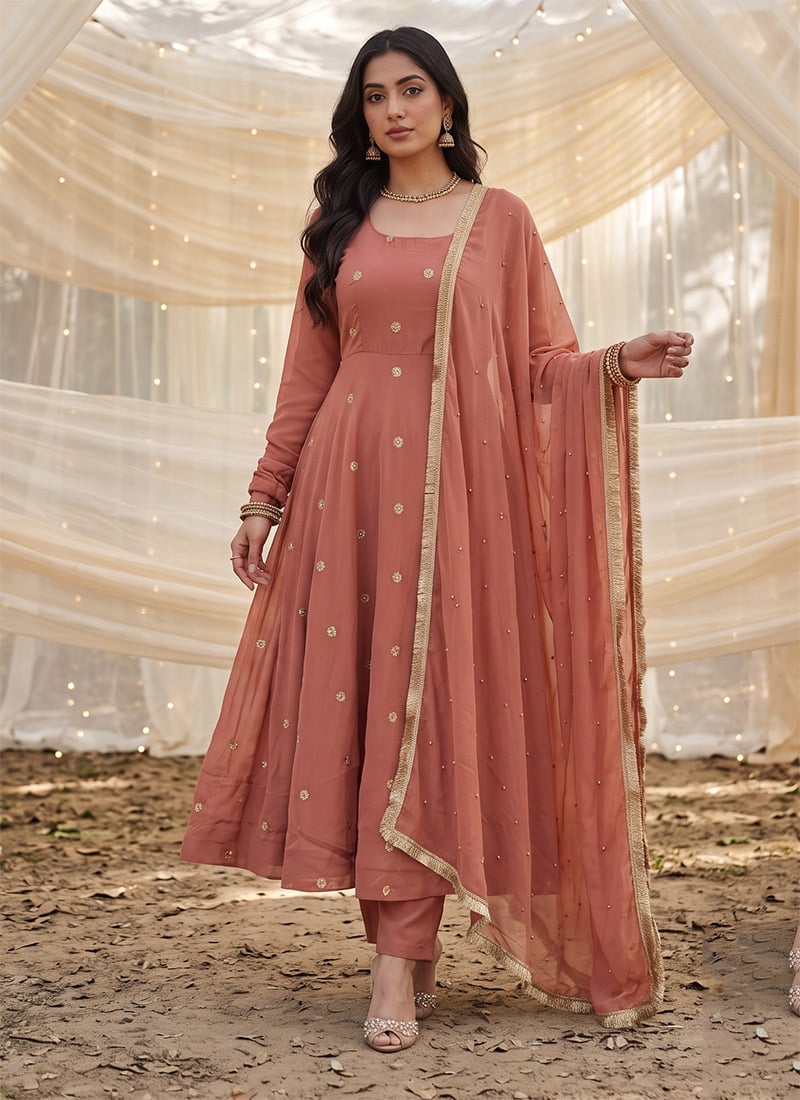 Dark Dusty Rose Pink Crepe Silk Embroidered Sequins Beads Anarkali Suit Festive Wear