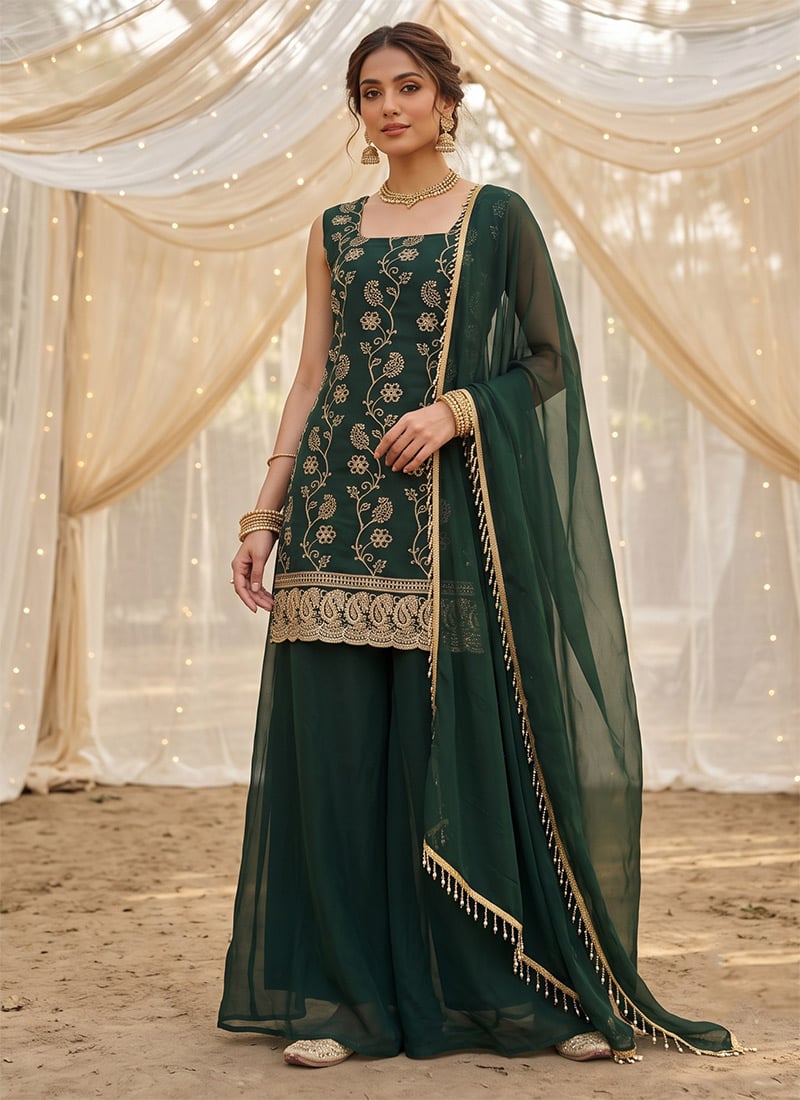 Dark Emerald Green Georgette Zari Floral Embroidered Sequins Palazzo Suit Festive Wear