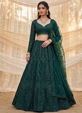 Dark Emerald Green Net Beads Embroidered Sequins Lehenga