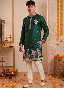 Dark Emerald Green Silk Embroidered Kurta Pyjama For Men