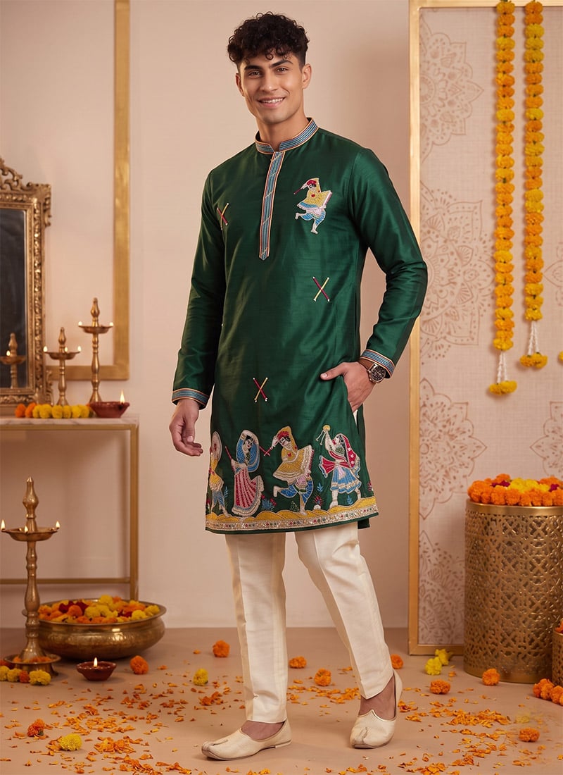 Dark Emerald Green Silk Embroidered Kurta Pyjama For Men Festive Wear