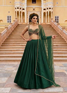 Dark Emerald Green Silk Zari Sequins Lehenga