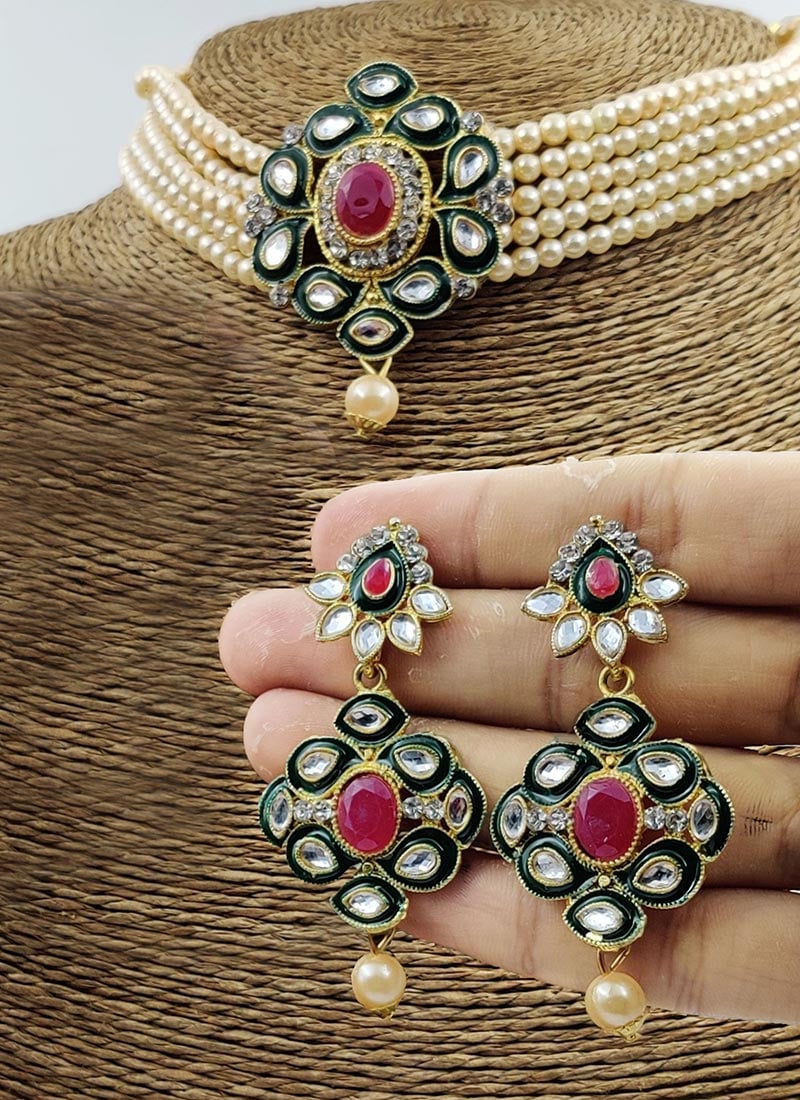 Dark Green Alloy Beads Choker Set Party Wear