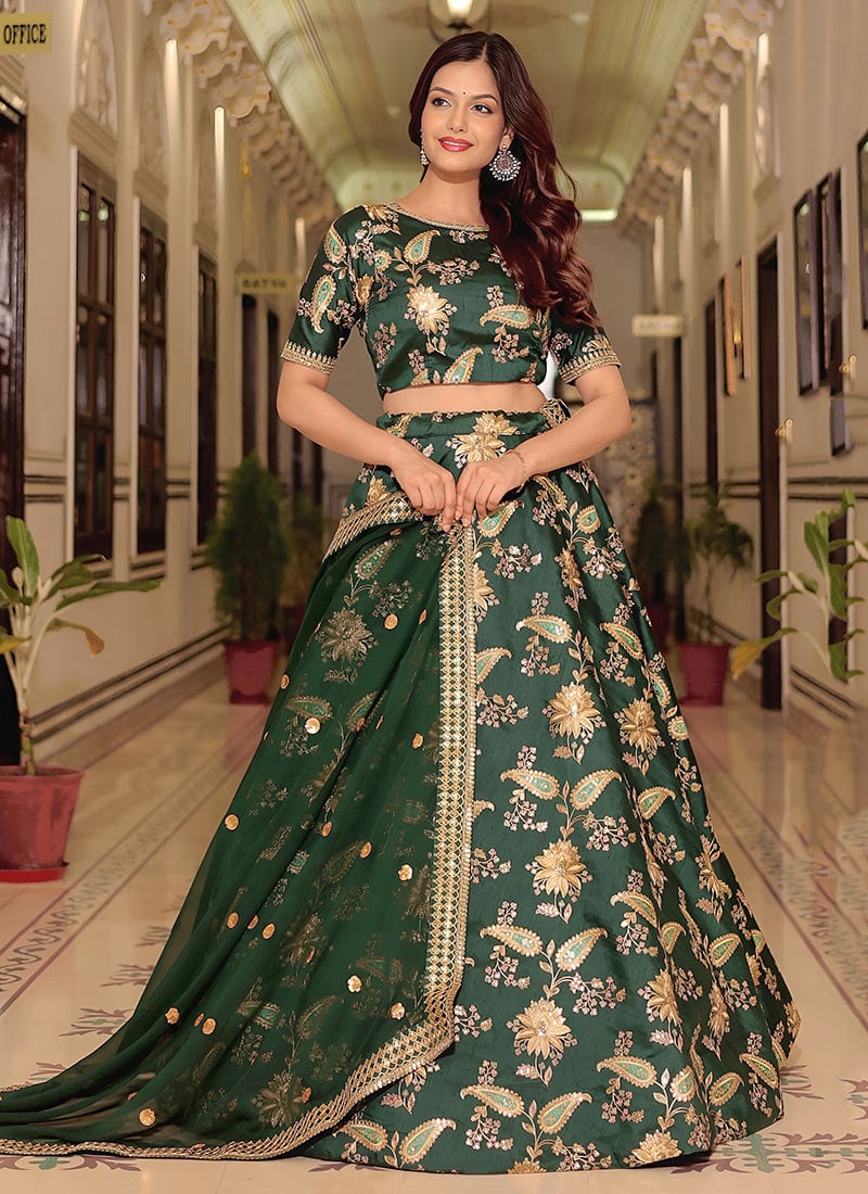 Dark Green Art Silk Zari Sequins Embroidered Lehenga  Wedding Wear