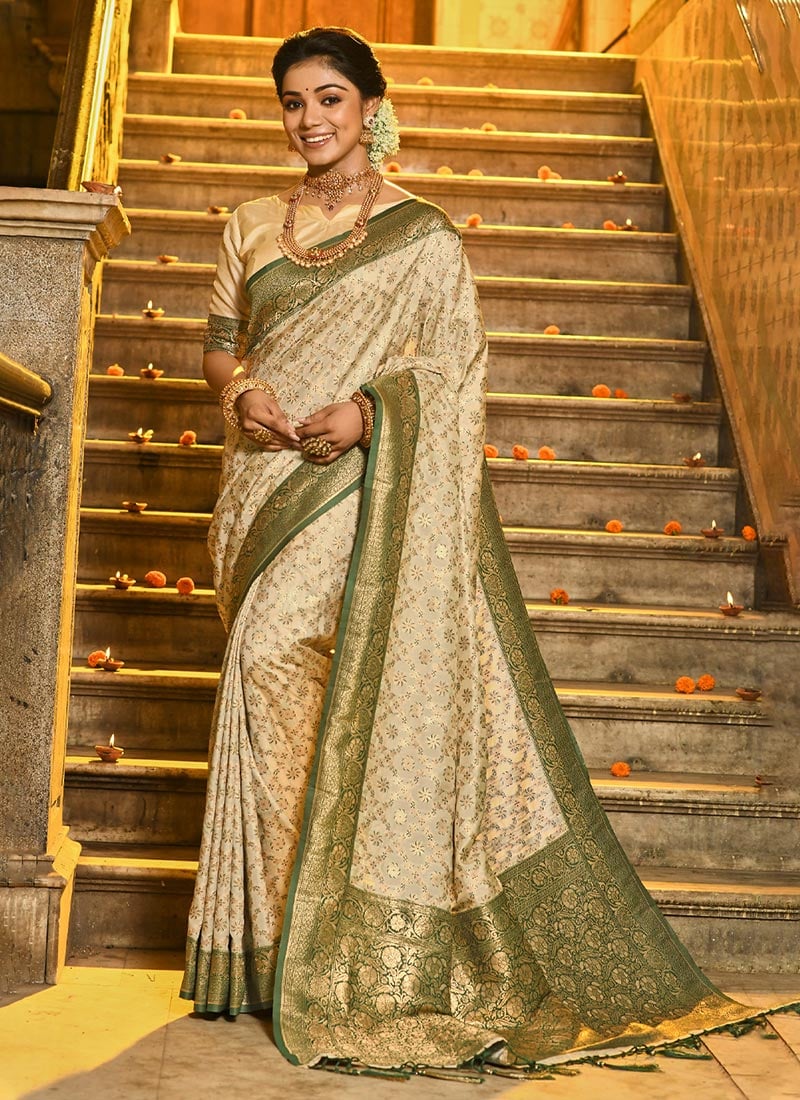 Dark Green Banarasi Silk Jacquard Saree Festive Wear