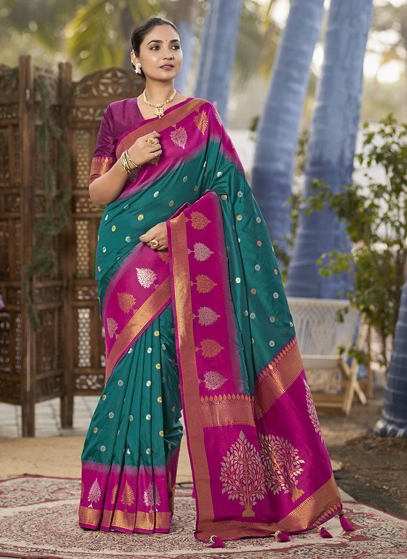 Dark Green Banarasi Silk Jacquard Woven Saree Festive Wear-SAS3STGMN2008