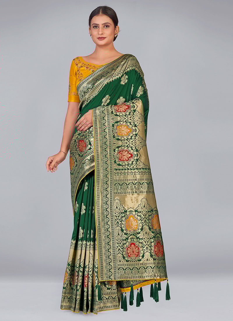 Dark Green Banarasi Silk Zari Woven Embroidered Saree Festive Wear