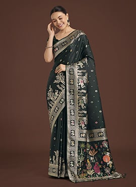 Dark Green Banarasi Silk Zari Woven Saree