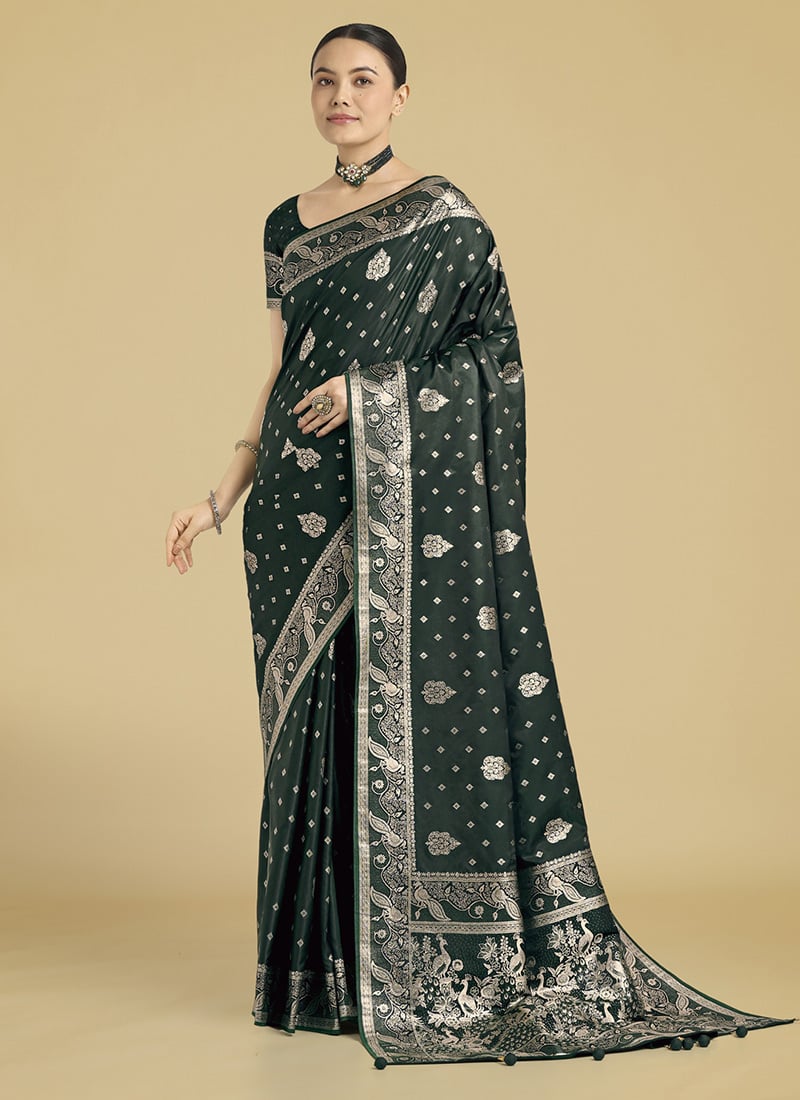 Dark Green Banarasi Silk Zari Woven Saree Festive Wear