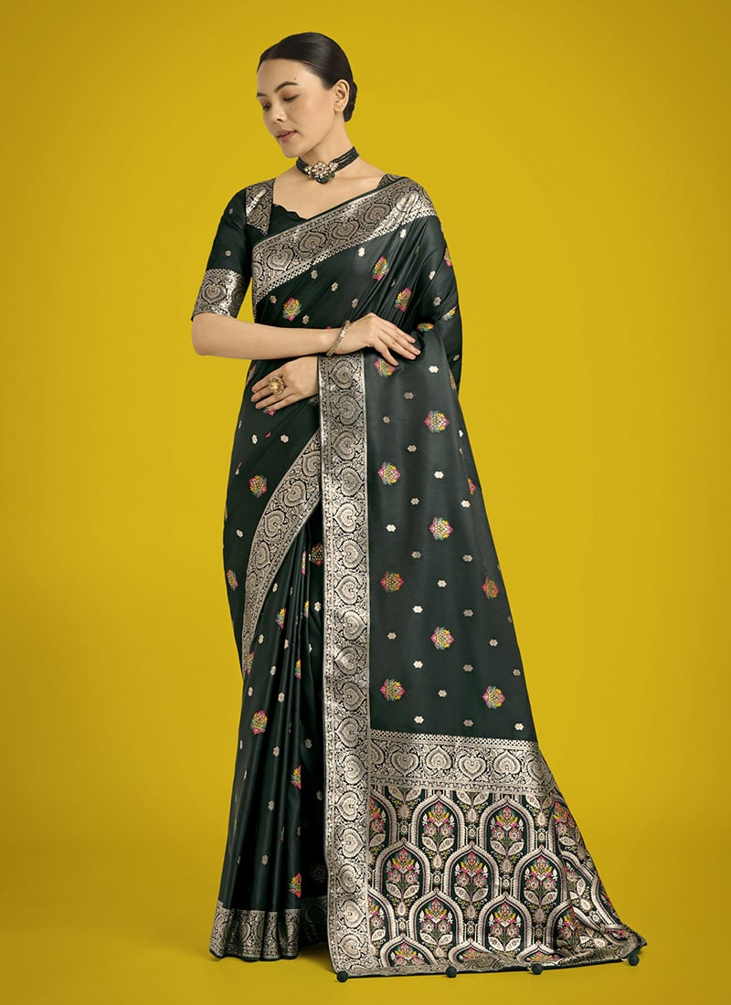 Dark Green Banarasi Silk Zari Woven Saree Festive Wear