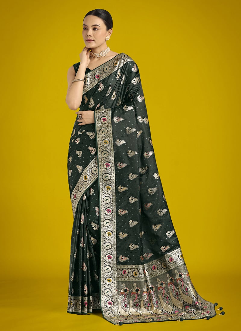Dark Green Banarasi Silk Zari Woven Saree Festive Wear