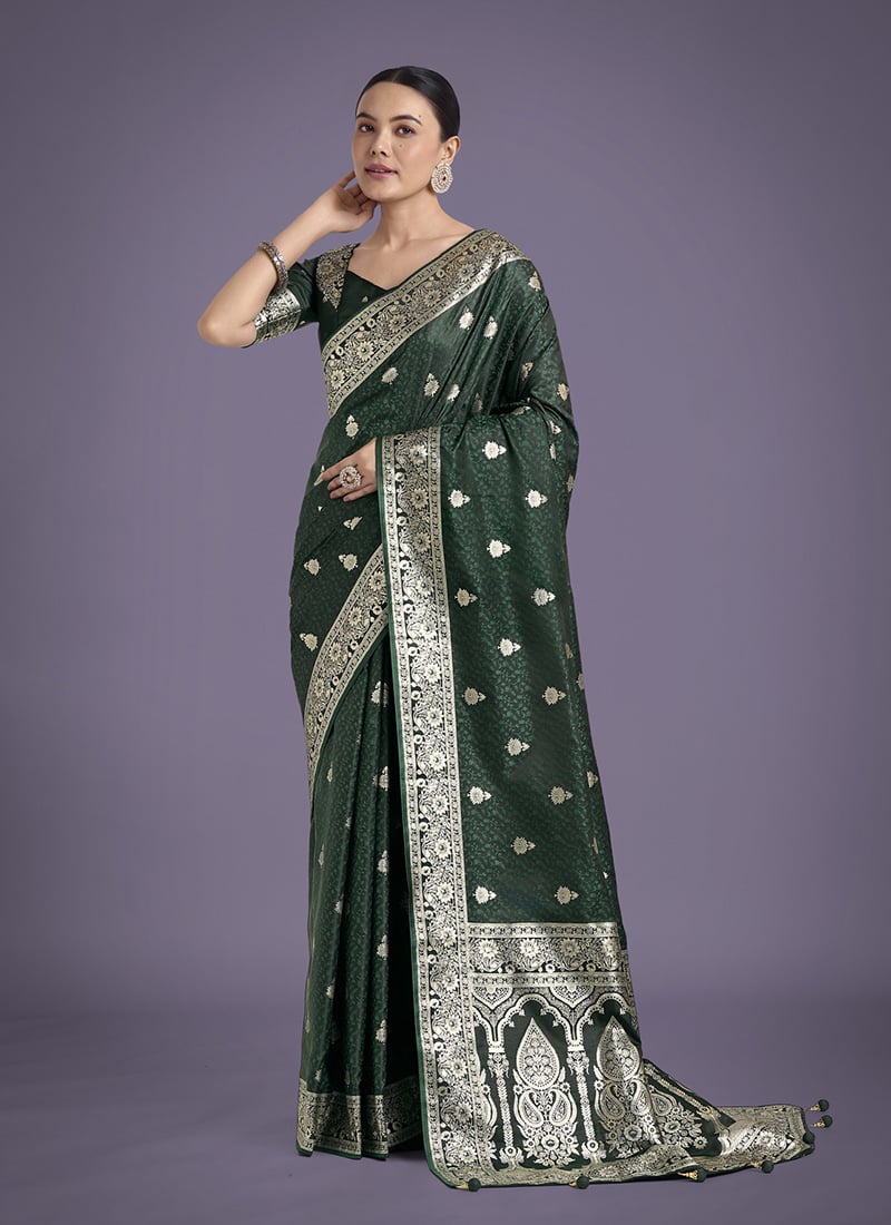 Dark Green Banarasi Silk Zari Woven Saree Festive Wear