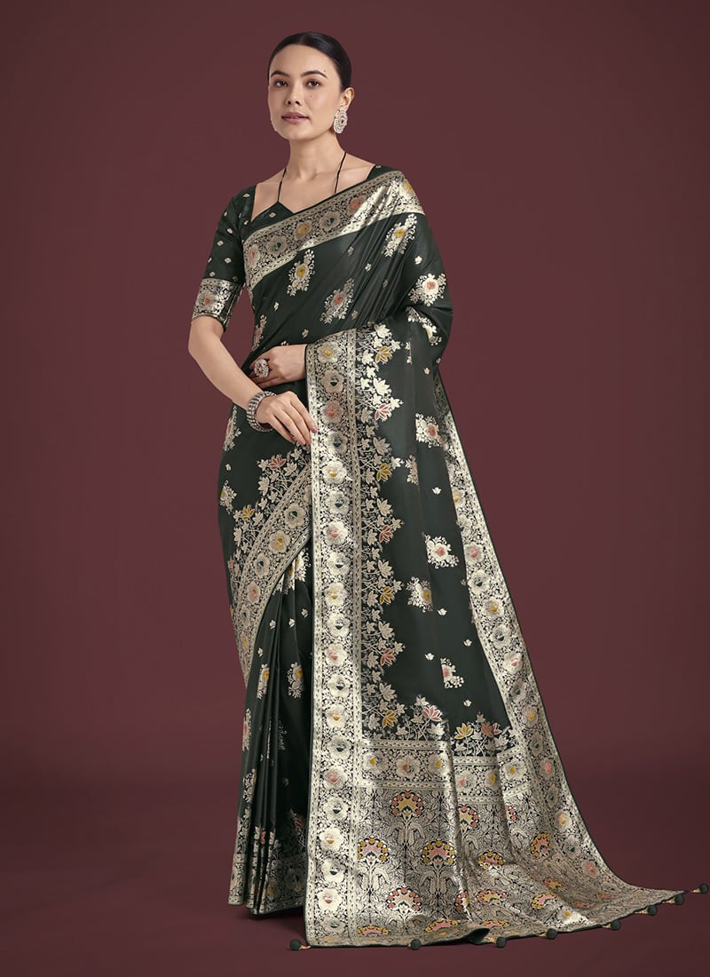 Dark Green Banarasi Silk Zari Woven Saree Festive Wear