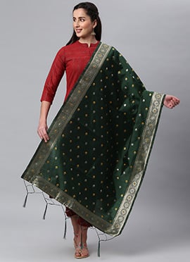 Dark Green Benarasi Silk Jacquard Woven Dupatta