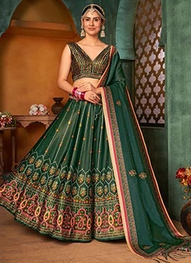 Dark Green Benarasi Silk Printed Umbrella Lehenga