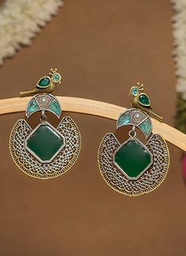 Dark Green Bird Motif Kundan Dangler Earrings
