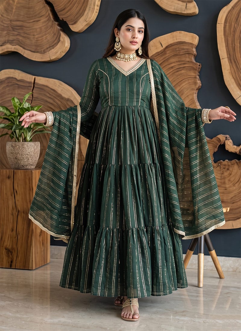 Dark Green Brocade Embroidered Anarkali Pant Suit Festive Wear