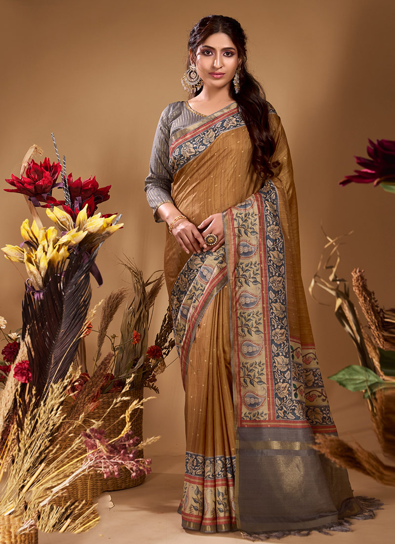 Dark Green Butti Tussar Silk Jacquard Zari Saree Festive Wear