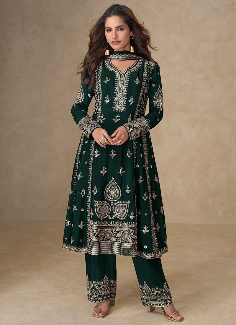 Dark Green Chinon Silk Embroidered Sequins A Line Palazzo Suit Festive Wear