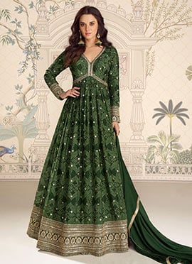 Dark Green Chinon Silk Embroidered Sequins Bandhini Print Anarkali Suit