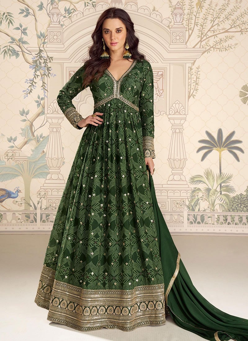 Dark Green Chinon Silk Embroidered Sequins Bandhini Print Anarkali Suit Festive Wear