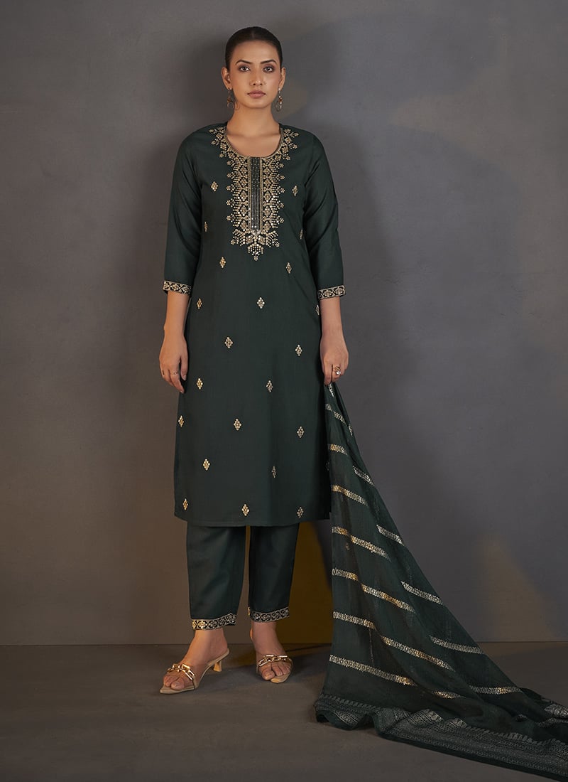 Dark Green Cotton Embroidered Sequins Straight Pant Suit After Six Wear