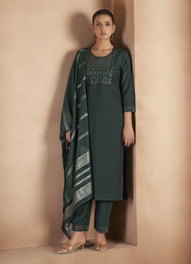 Dark Green Cotton Embroidered Straight Pant Suit