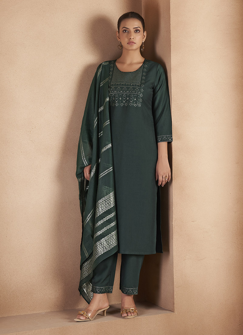 Dark Green Cotton Embroidered Straight Pant Suit After Six Wear