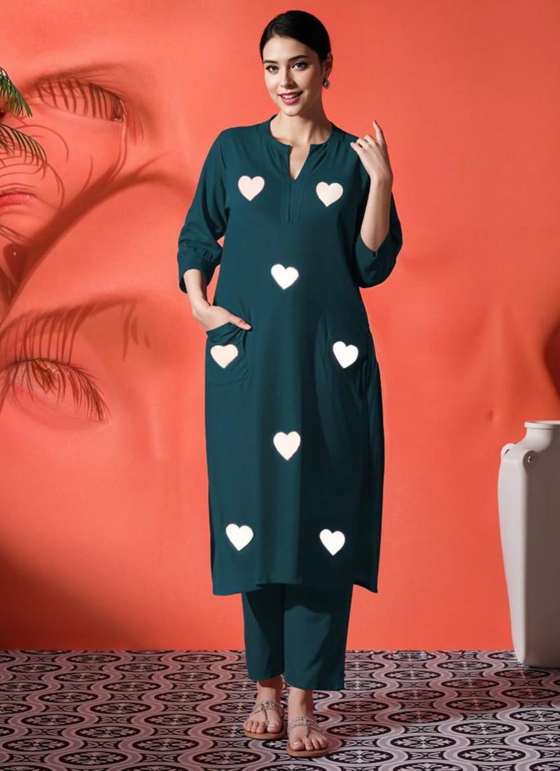 Dark Green Cotton Heart Print Kurta Straight Pant Set After Six Wear